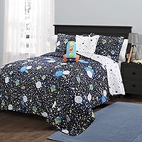 Lush Decor Twin-Navy Universe Quilt | Outer Space Stars Galaxy Planet Rocket Reversible 4 Piece Bedding Set for Kids