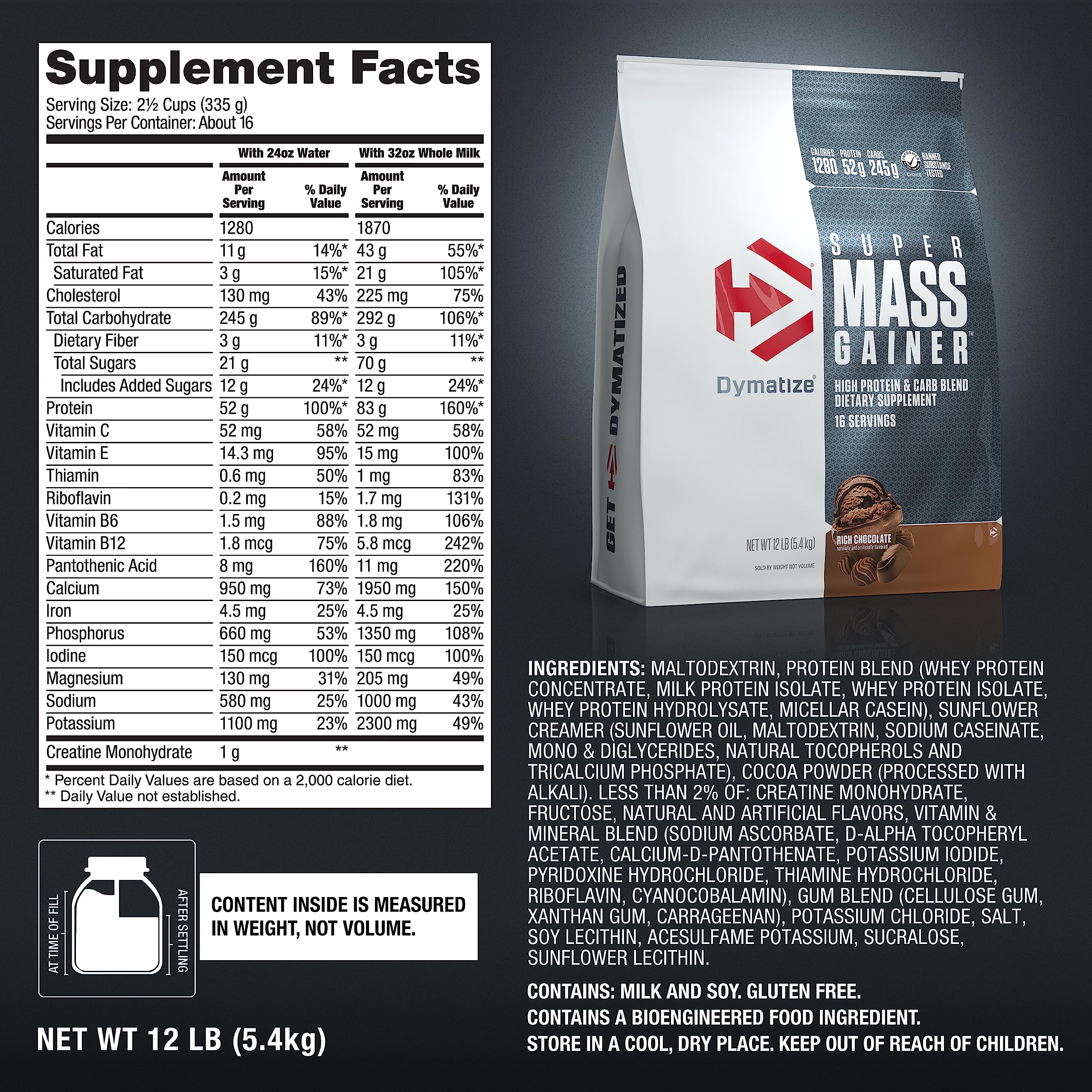 Dymatize Super Mass Gainer Protein Powder, 1280 Calories & 52g Protein, 10.7g BCAAs, Mixes Easily, Tastes Delicious, Rich Chocolate, 12 lbs