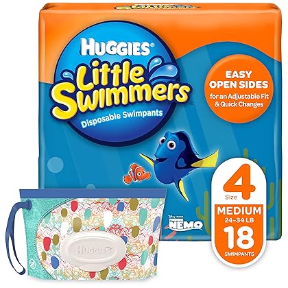 Huggies Little Swimmers Disposable Swim Diapers, Swimpants, Size 4 Medium (24-34 Pound), 18 Count, with Huggies Wipes Clutch 'N' Clean Bonus Pack (Packaging May Vary)