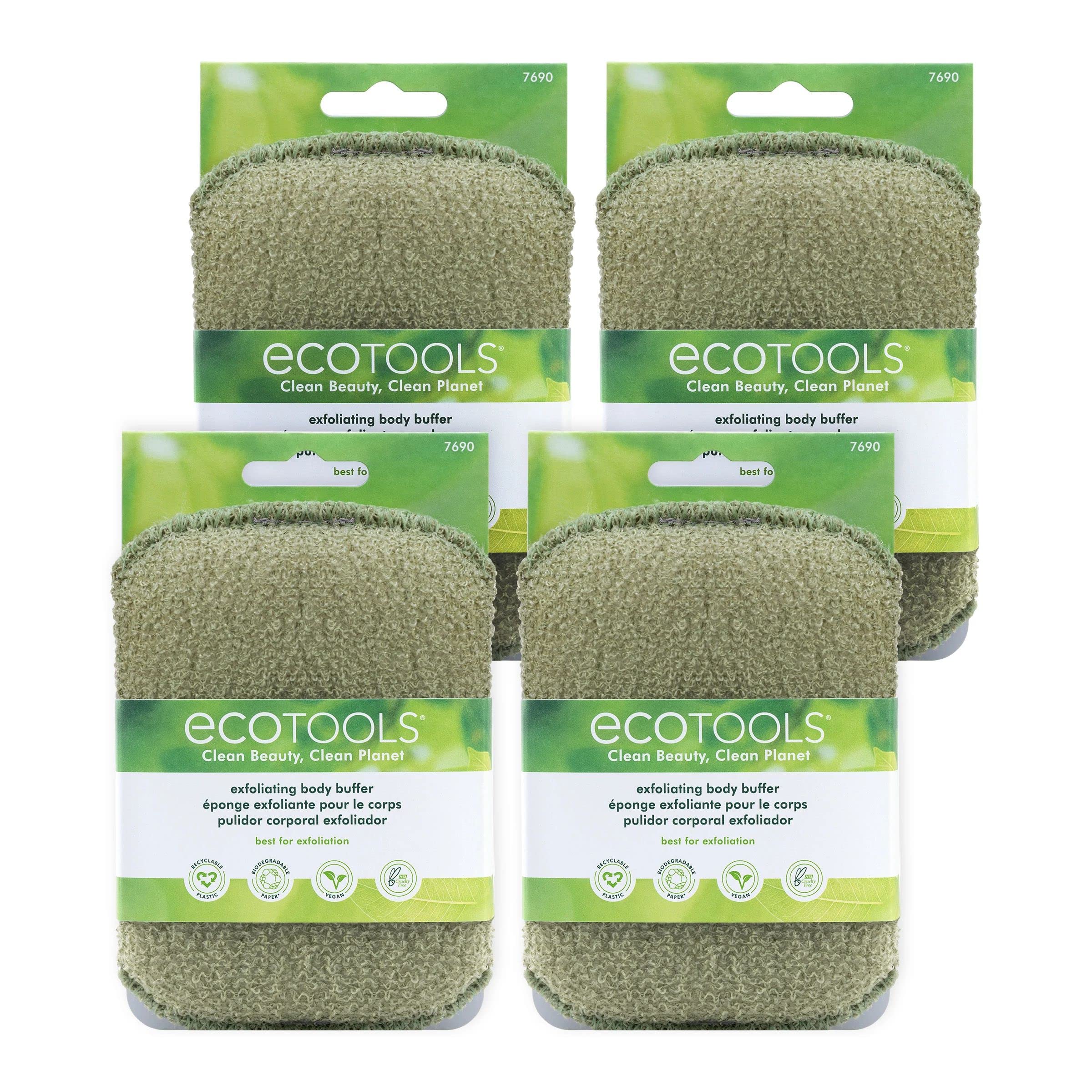 EcoTools Exfoliating Body Buffer, for Body Cleansing, Removes Dead Skin, Moderate Exfoliation, Bath & Shower Accessory, Designed with Strap, Sustainable & Vegan Body Scrubber, 4 Count