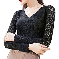 Women's Lace Tops V-Neck Waves Long Sleeve Sheer Casual Embroidery Hollow Out Patchwork Stretchy Blouses Work Shirts