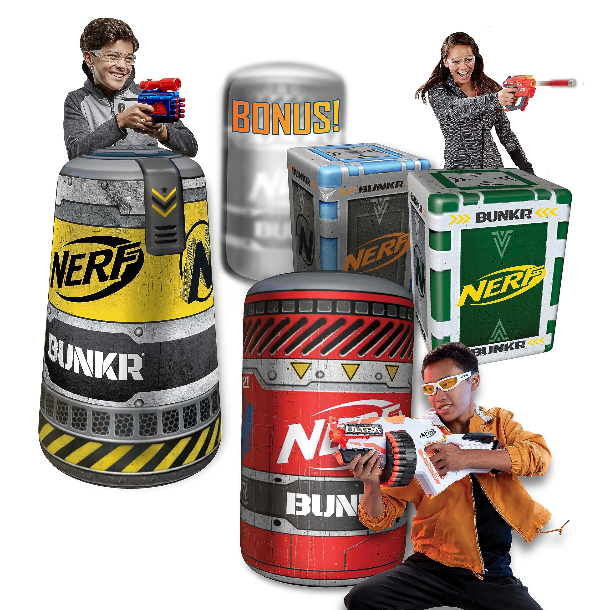 NERF BUNKR Officially Licensed Battle Royale Inflatable Bunker Battlezone - 5 Piece Barricade Set Crates Barrels - Perfect for NERF Party - NERF War Multicolor