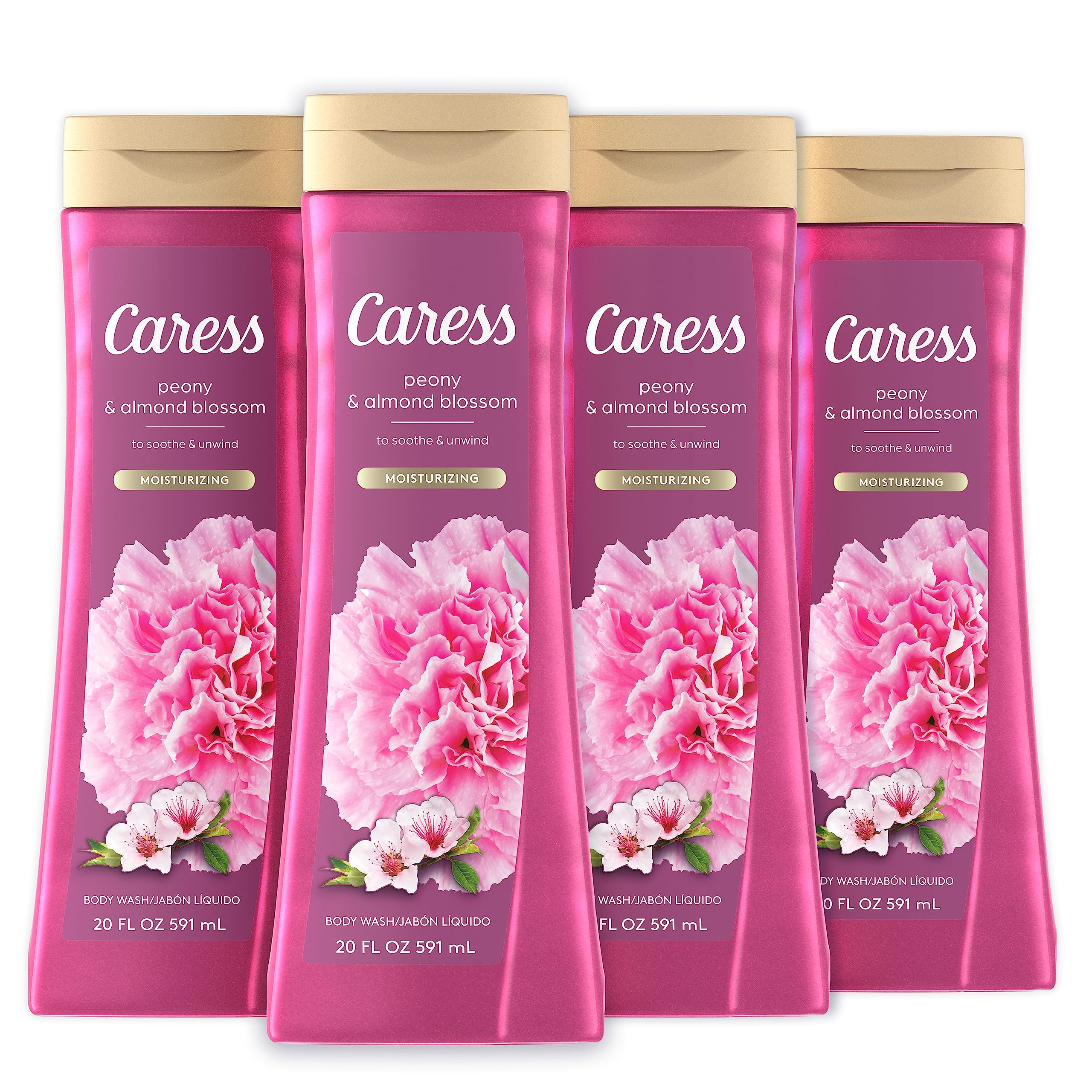 Caress Moisturizing Peony & Almond Blossom Body Wash For Fresh, Smooth Skin Body Soap To Soothe & Unwind 20 fl oz, Pack of 4