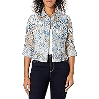 Ruby Rd. Women's Plus Size Button-Front Tropical Palms Printed Crinkle Burnout Shirt Jacket