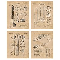 Vintage Rifle Cartridge Bow Arrow Patent Prints, 4 (8x10) Unframed Photos, Wall Art Decor Gifts Under 20 for Home Office Gears Garage College Student Teacher Coach Cowboys Country Outdoors Hunting Fan