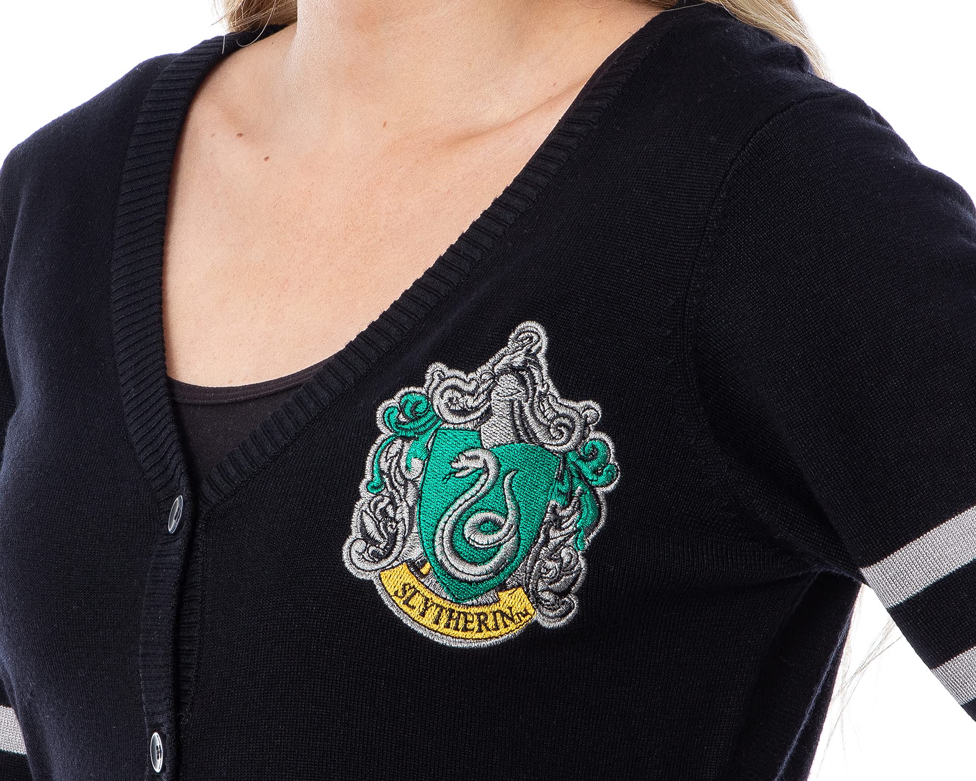 Harry Potter Womens' Slytherin House Crest Open Front Cardigan Juniors Knit Sweater