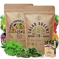 25 Summer Vegetable & 15 Salad Greens Seeds Variety Packs Non-GMO Heirloom Seeds for Indoor and Outdoor. Over 9000 Seeds.