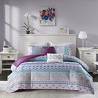 Intelligent Design Cozy Comforter Set Casual Boho Pieced Design, Modern All Season Bedding Set with Matching Sham, Decorative Pillow, Twin/Twin XL, Joni Purple 4 Piece (ID10-1098)