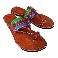 Women's Biblical Leather Sandals Ladies Handmade Brown Multi Colored Strap Slippers