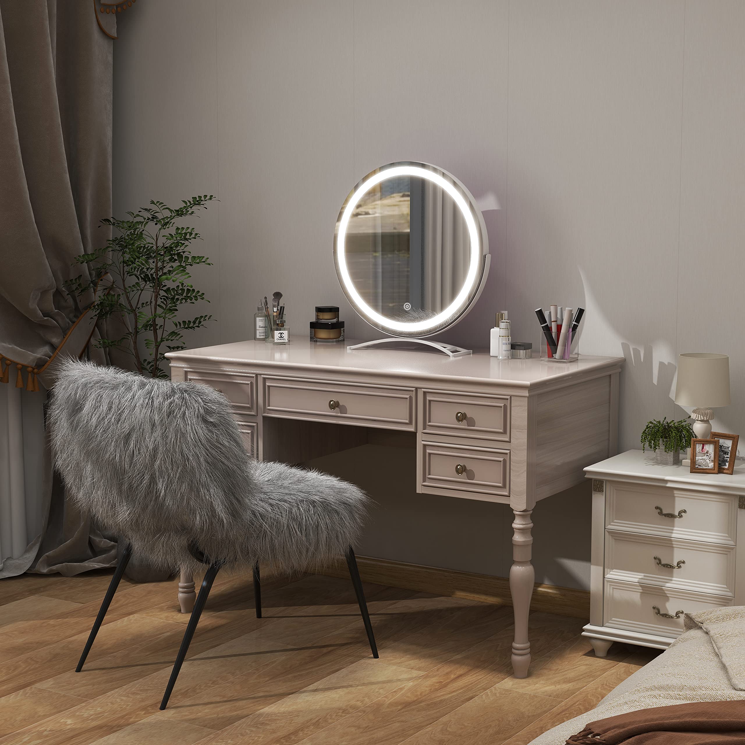 Vierose 18 Inch Large Vanity Mirror with Lights, Round Light Up Makeup Mirror, LED Mirror Makeup Mirror with Lights for Bedroom Tabletop, Smart Touch Control 3 Colors Dimmable, 360° Rotation (White)