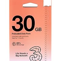 New PrePaid Europe (UK Three) SIM Card 30GB Data Unlimited Minutes/Texts for 30 Days with Free Roaming/USE in 71 Destinations Including Europe, South America and Australia (30GB)