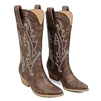 Zzheels Women Mid-calf Cowboy Boots Pointy Toe Boots Embroidered Western Cowgirl Boots Chunky Heels