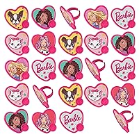 DecoPac Barbie Be The Future Rings, Pink Heart Shaped Cupcake Decorations Featuring Barbie and her Friends For Birthday Party And Celebrations - 24 Pack