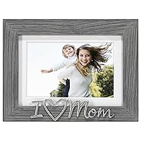 Malden International Designs 4x6 or 5x7 I Love Mom Distressed Expressions Picture Frame Silver Finish I Love Mom Word Attachment Gray Textured Wood Grain Finish MDF Frame White Beveled Mat