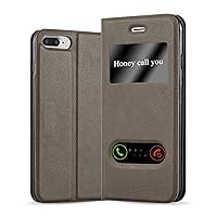 Book Case Compatible with Apple iPhone 8 Plus / 7 Plus / 7S Plus in Stone Brown - with Magnetic Closure, 2 Viewing Windows and Stand Function - Wallet Etui Cover Pouch PU Leather Flip