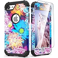 IDweel for iPhone 8 Case with Tempered Glass Screen Protector, for iPhone 7 Case, 3 in 1 Shockproof Slim Hybrid Heavy Duty Hard PC Cover Soft Silicone Bumper Full Body Case, Flower