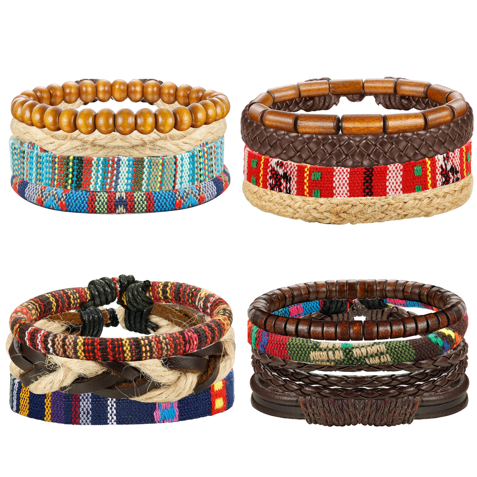 LOYALLOOK 15pcs Men Women Linen Hemp Cords Wood Beads Ethnic Tribal Bracelets Leather Wristbands