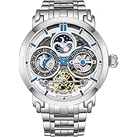 Stührling Original Mens Watch Stainless Steel Automatic, Silver Skeleton Dial, Dual Time, AM/PM Sun Moon, Stainless Steel Bracelet, 371B Watches for Men Series