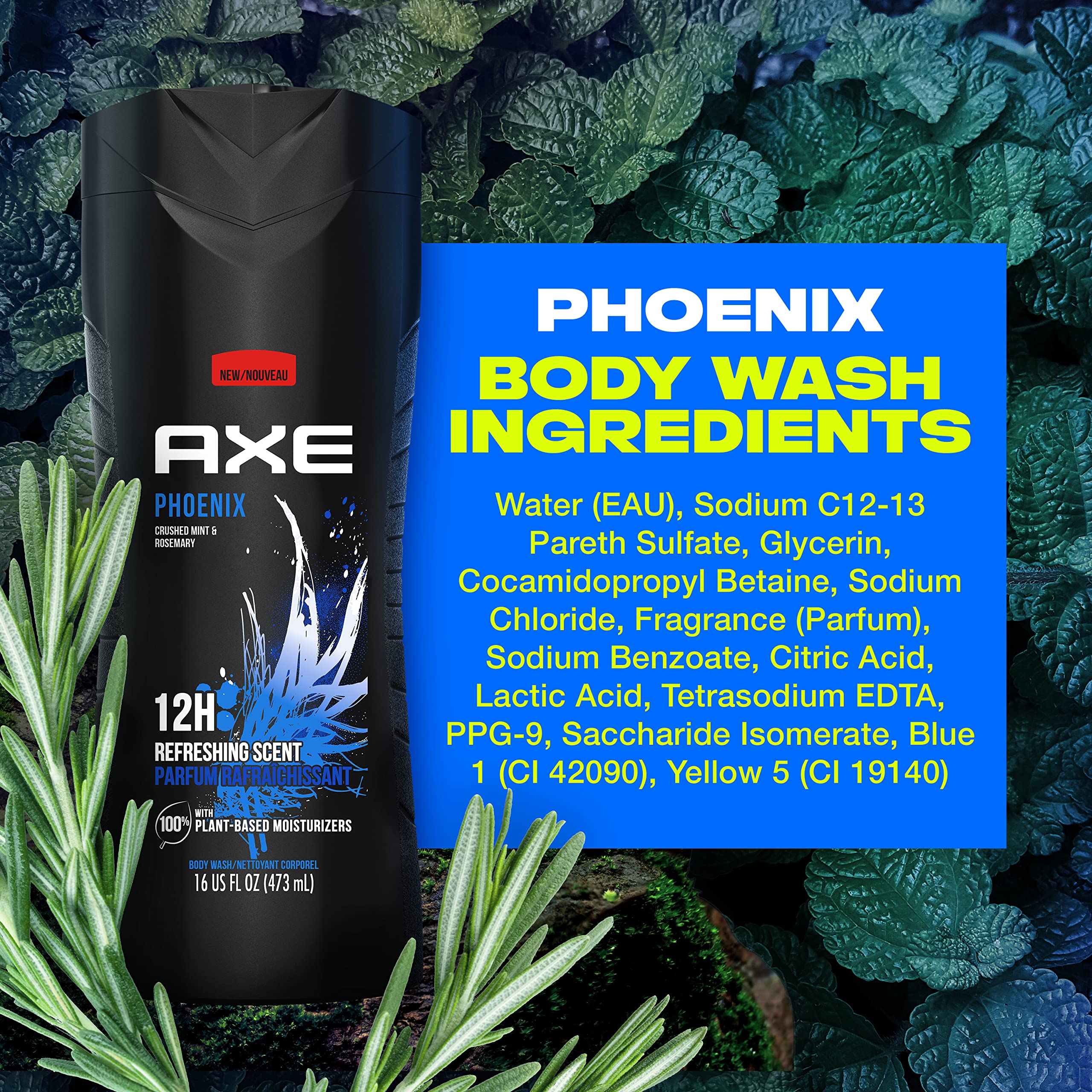 AXE Body Wash 12h Refreshing Scent Phoenix Crushed Mint & Rosemary Men's Body Wash With 100% Plant-Based Moisturizers 16oz 4 Pack