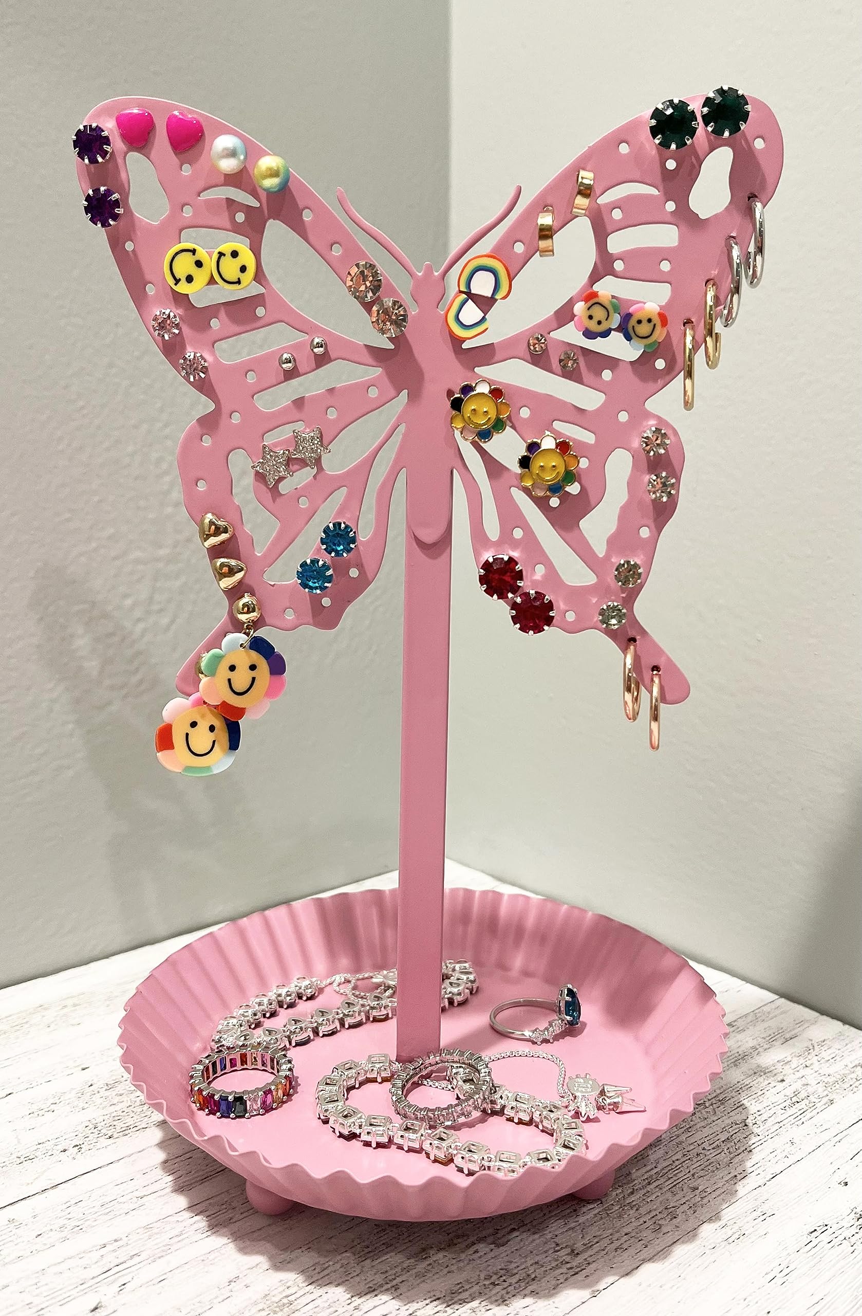 Top Brass Butterfly Earring Holder Organizer Metal Standing Jewelry Tree Display with Ring Tray (Pink)