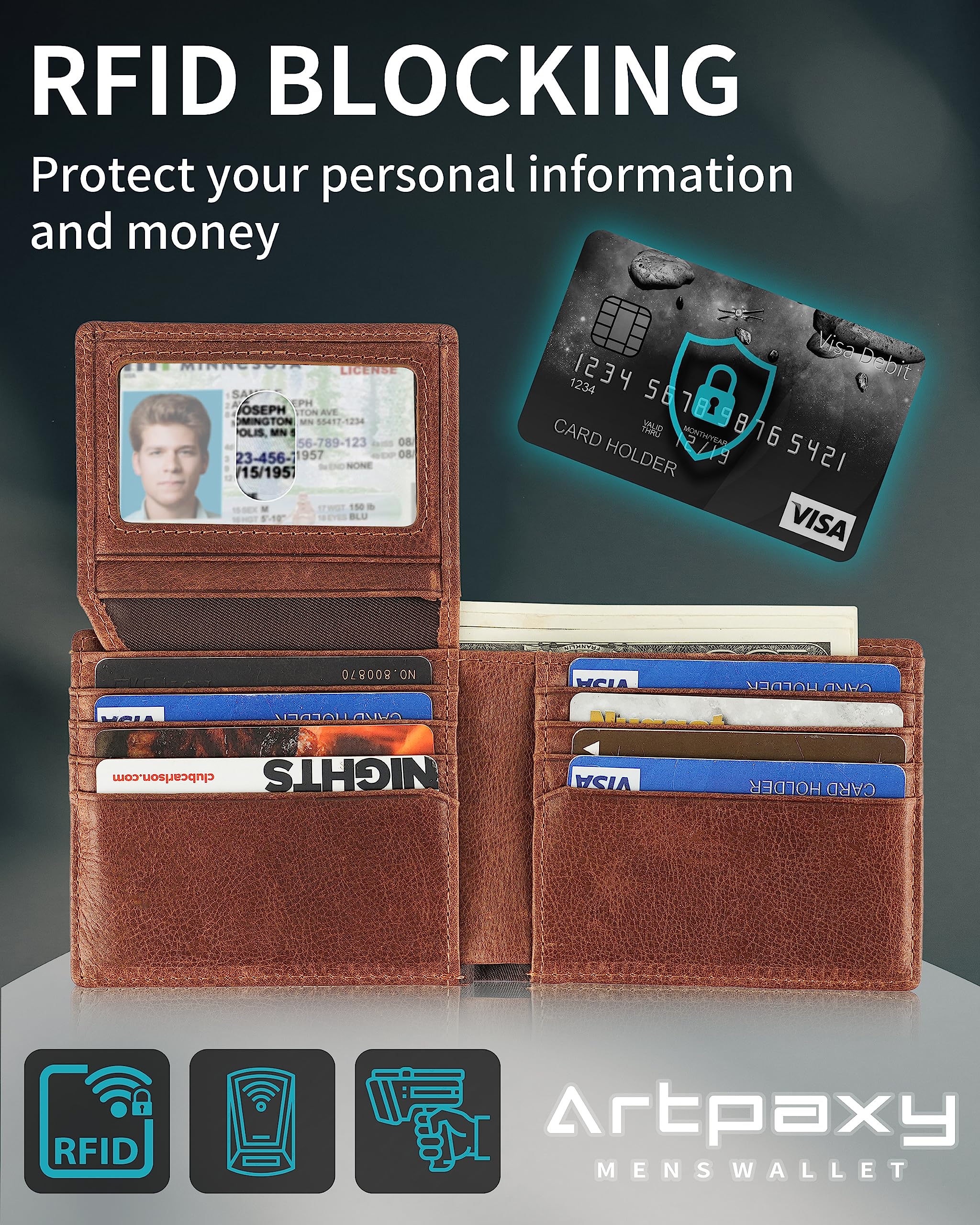AirTag Wallet - Bifold Genuine Leather RFID Blocking Men's Wallet With AirTag Holder 2 ID Windows 12 Cards Holders - Gift Box - Airtag Protective Film Included - Airtag Not Included