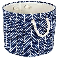 DII Collapsible Polyester Storage Basket or Bin with Durable Cotton Handles, Home Organizer Solution for Office, Bedroom, Closet, Toys, & Laundry (Medium Round– 12x15”), Nautical Blue Herringbone