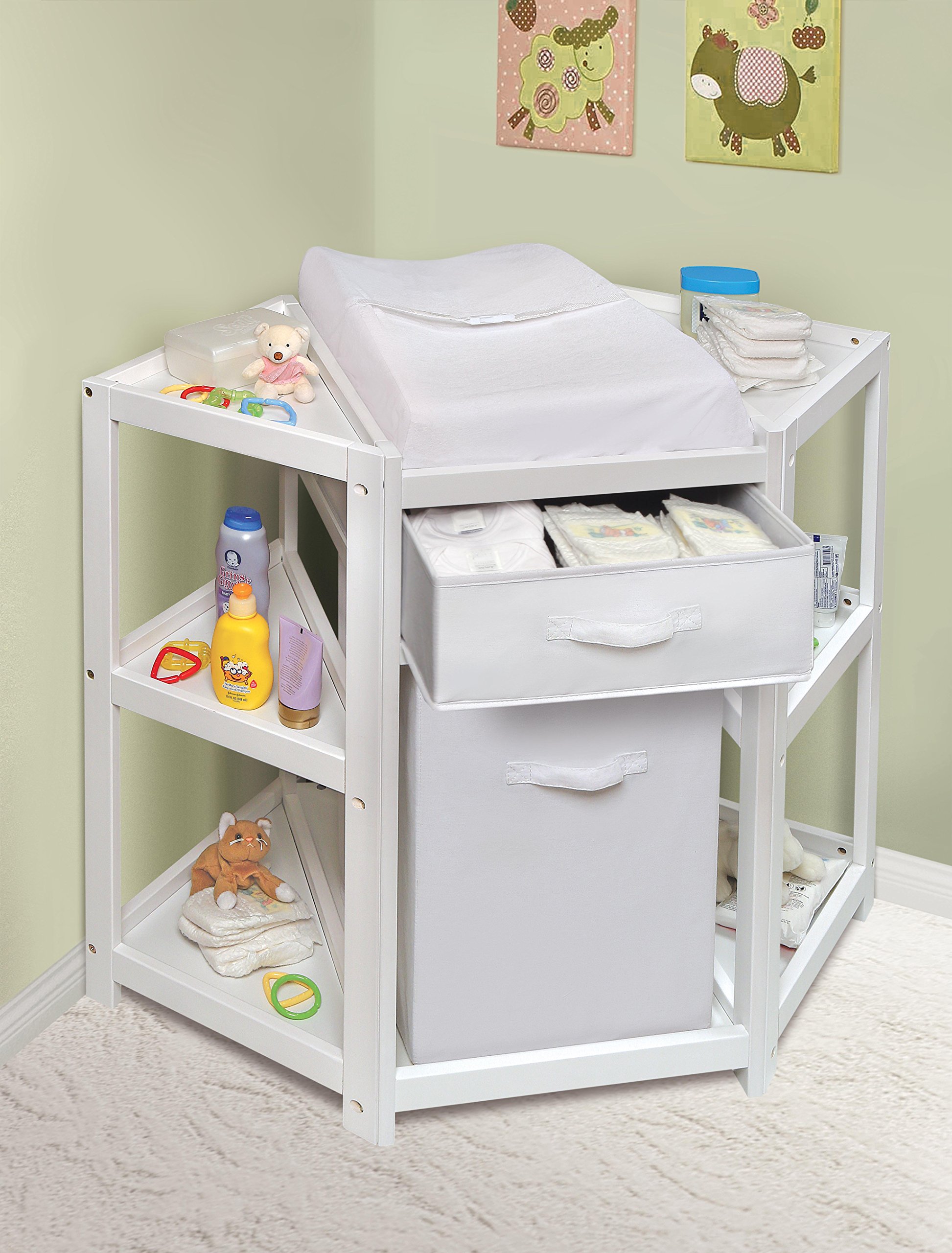 Diaper Corner Baby Changing Table with Pad, Hamper and Basket