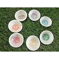 Jet Natural White Quartz Chakra Sanskrit 2 inch Bowl Set Hand Carved Rare Crystal Free Booklet Crystal Therapy Image is JUST A Reference.