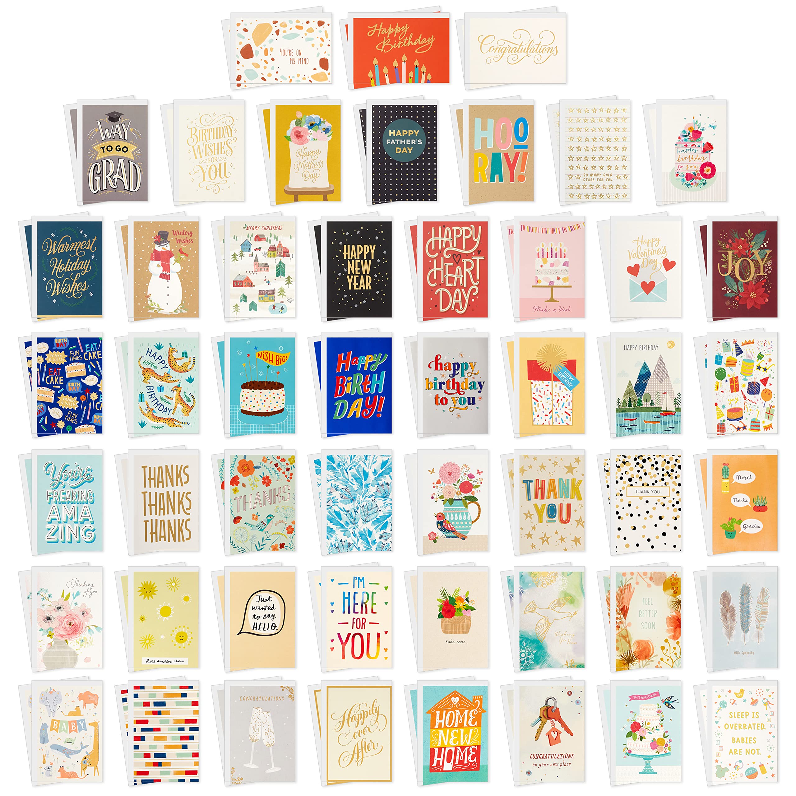 Hallmark All Occasion Boxed Set of Assorted Blank Greeting Cards with Card Organizer (Pack of 100)—Birthday, Thank You, Congratulations, Wedding, Baby, Thinking of You, Sympathy