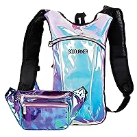 Fanny Pack (Transparent Purple) bundle with Hydration Pack Backpack (2 Pocket Iridescent Blue) with 2L Water Bladder Included