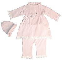 100% Cotton Knit Baby Pink Infant Girls 3 Piece Dress Pant Set with Cap Gift Set