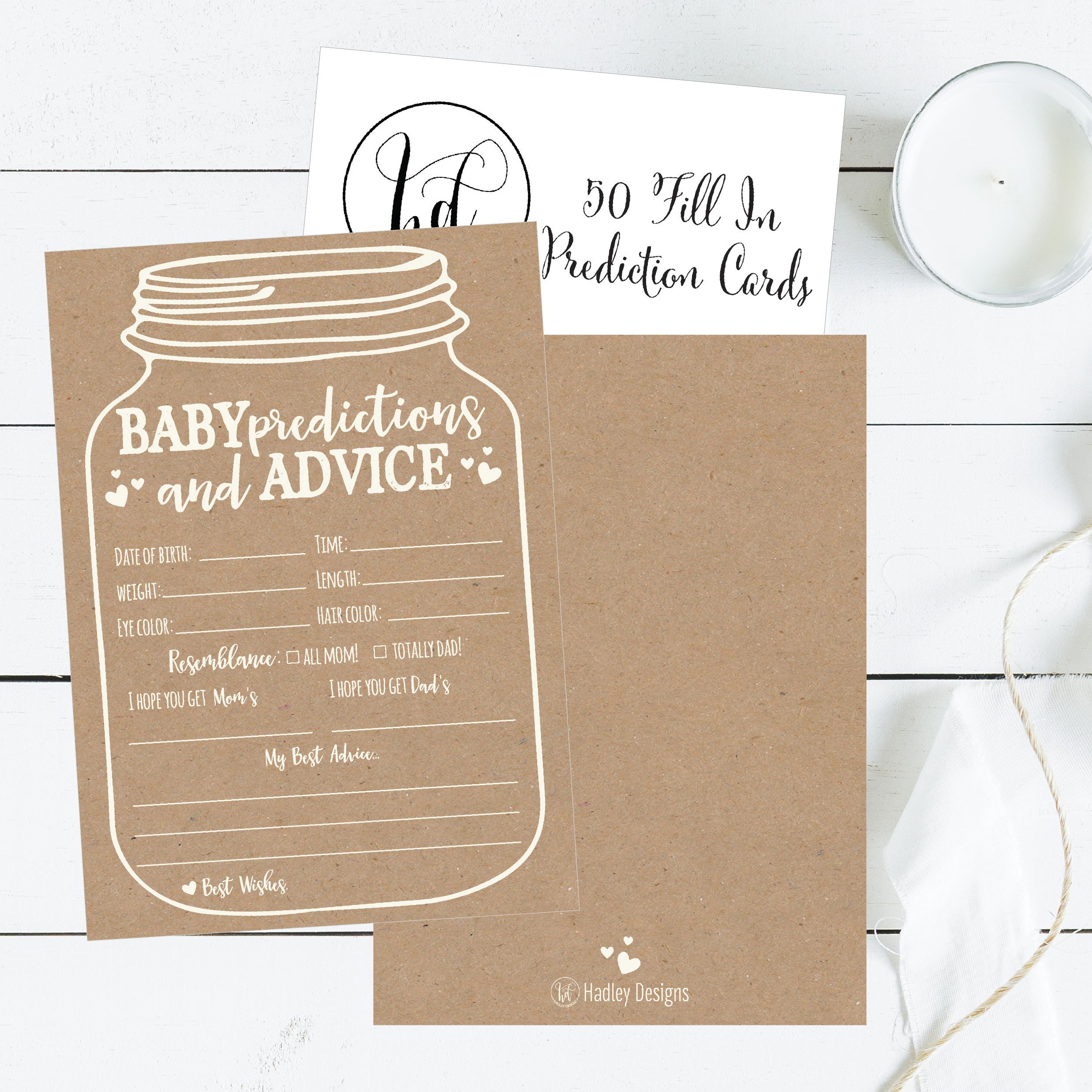 Hadley Designs 50 Mason Jar Advice and Prediction Cards Baby Shower Game, New Mom & Dad Card or Mommy & Daddy To Be, For Girl & Boy Babies, Fun Gender Neutral Shower Party Favors