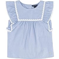Girls' Short Sleeve Chambray Shirt, Cotton Top with Flutter Shoulders & Crochet Trim