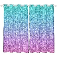 Teal Pink Glitter Curtains Girls Bedroom Rod Bags Kids Glitter Mermaid Curtains3D Pattern Grommet Insulated Curtain Art Print Curtain For Bedroom Living Room Home Decor 2 Piece Curtains 27.5×39 Inch