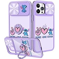 Joyleop (2in1 for iPhone 13 Pro Max Case Cartoon Cute Love Stit for Girls Pretty Women Teen Kids Girly Phone Covers Purple Pattern Design with Slide Camera Cover+Ring Holder for 13 Pro Max 6.7”