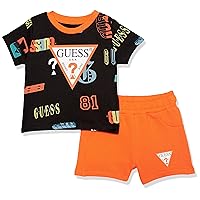 GUESS baby-boys Organic Cotton Knit Logo Shirt and French Terry ShortsClothing Set