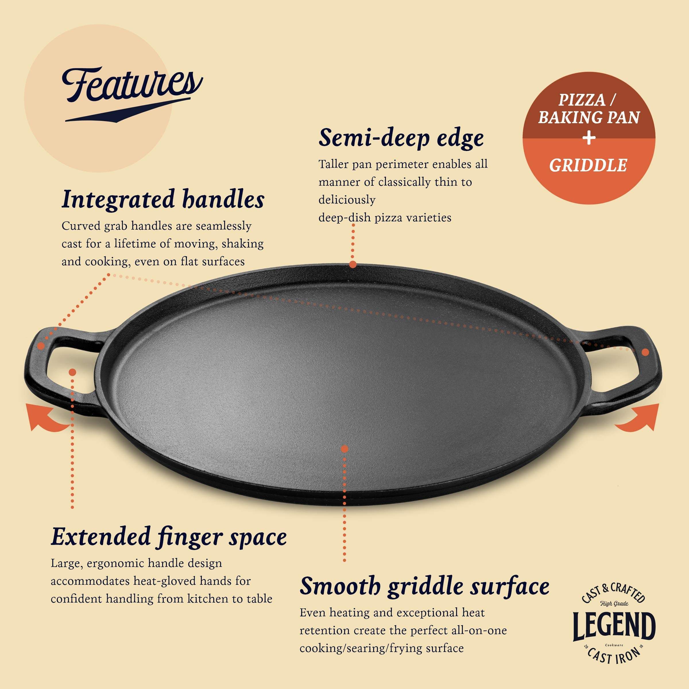 Legend Cast iron Pizza Pan | 14” Steel Pizza Cooker with Easy Grip Handles | Deep Stone for Oven or Griddle for Gas, Induction, Grilling | Lightly Pre-Seasoned Cookware Gets Better with Use