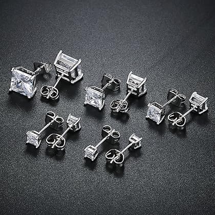 GEMSME 18K Gold Plated Princess Cut Clear Cubic Zirconia Stud Earrings Pack of 5 (white gold)