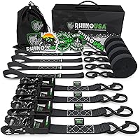 RHINO USA Ratchet Straps Tie Down Kit for ATV, 5,208 Break Strength - Includes (4) Heavy Duty Rachet Tiedowns with Padded Handles & Coated Chromoly S Hooks + (4) Soft Loop Tie-Downs,Black