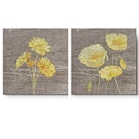 wall26 Canvas Print Wall Art Set Yellow Daisy Assortment on Wood Grain Floral Botanical Illustrations Minimalism Chic Relax/Calm Multicolor for Living Room, Bedroom, Office - 24