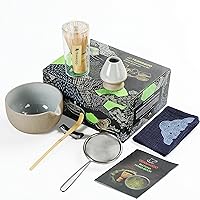 Japanese Tea Set (7pcs) Matcha Bowl with Pouring Spout Bamboo Matcha Whisk (chasen) Scoop (chashaku) Matcha Whisk Holder Tea Making Kit. N2, Darker Grey, Matcha Green Tea Powder