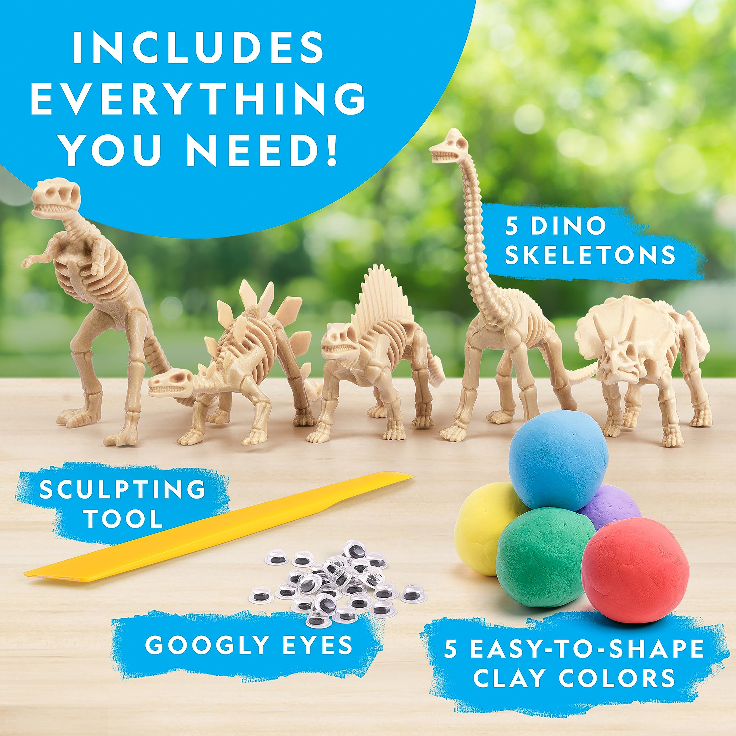 NATIONAL GEOGRAPHIC Clay Dinosaur Arts & Crafts Kit - Dinosaur Air Dry Clay for Kids Craft Kit with 5 Clay Colors, 5 Dino Skeletons, Sculpting Tool & Googly Eyes, Dinosaur Activity (Amazon Exclusive)