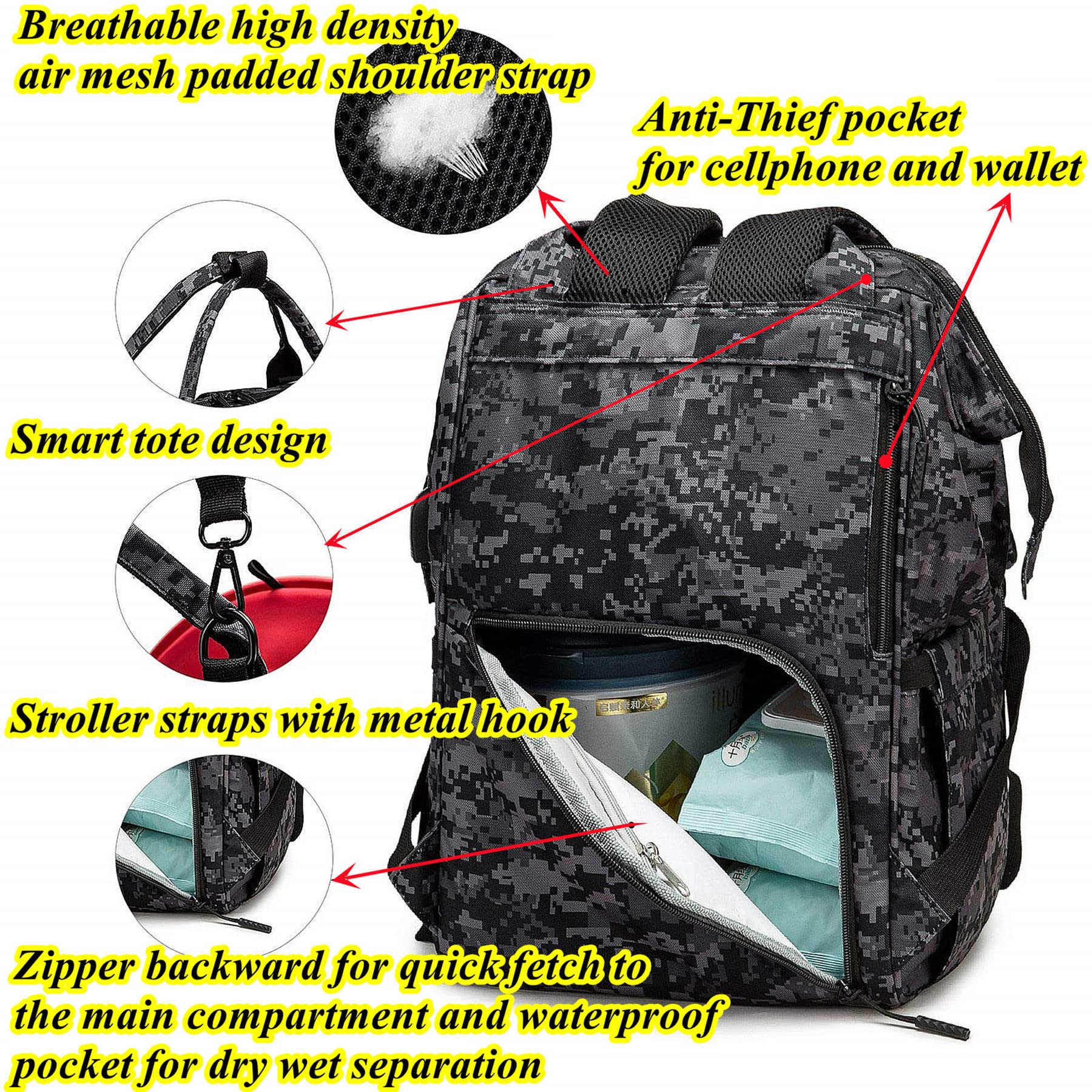 QWREOIA Camo Diaper Bag Backpack with USB Charging Port Stroller Straps and Insulated Pocket,army military Travel Nappy Backpack for Dad/Mom (DADDY and MOMMY patches)