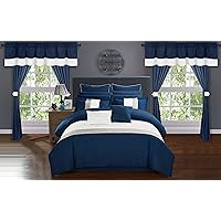 Chic Home Vixen 24 Piece Comforter Set Color Block Quilted Embroidered Complete Bag Sheets Bed Skirt Decorative Pillows Shams Window Treatments Curtains Included, King, Navy