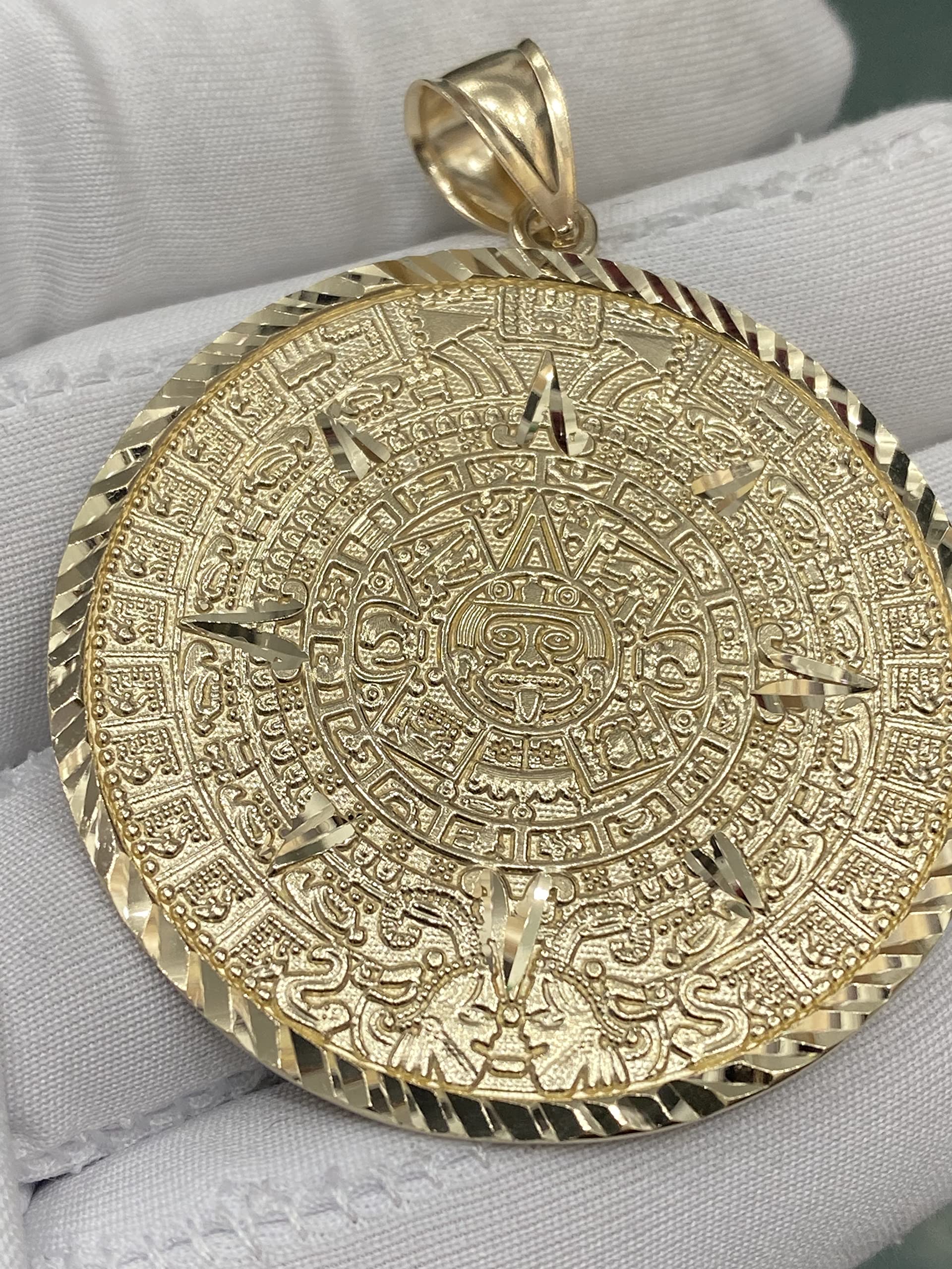 TGDJ 14K Yellow Gold Aztec Mayan Calendar Charm Pendant, 45x45 mm Diamond-Cut Ornate, Handmade Spiritual Symbol, Gold Stamped Fine Jewelry, Great Gift for Men & Women (45mm)
