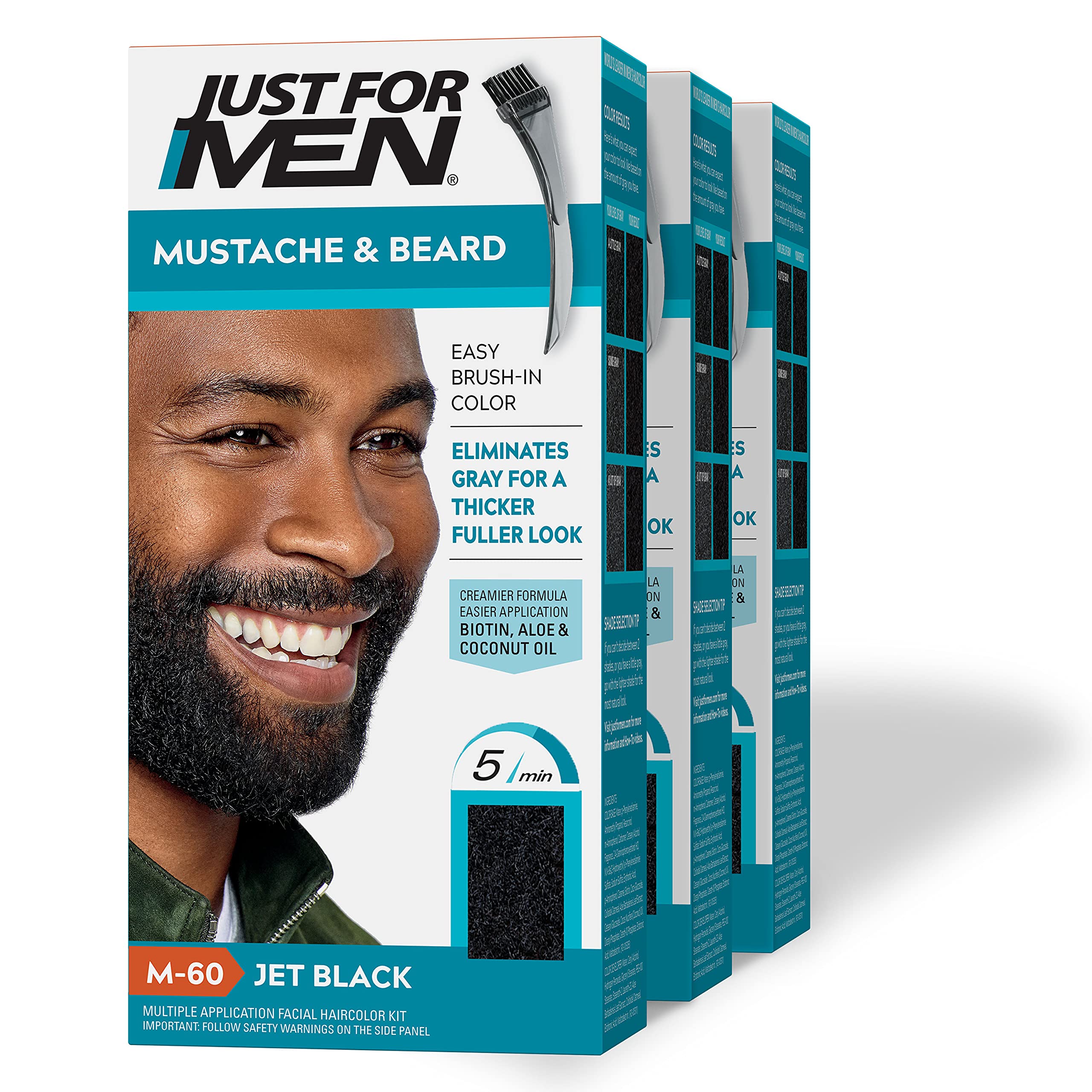 Just For Men Mustache & Beard, Beard Dye for Men with Brush Included for Easy Application, With Biotin Aloe and Coconut Oil for Healthy Facial Hair - Jet Black, M-60, Pack of 3