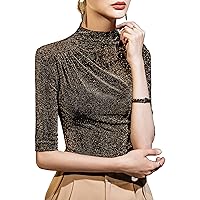 Bright Silk Tops for Women, Summer Fashion Mock Neck Short Sleeve Glitter Pleated Patchwork Blouses Elegant Work Shirts