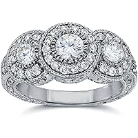 P3 POMPEII3 1 1/2ct Vintage Three Stone Diamond Engagement Ring 14K White Gold