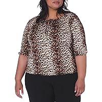 Star Vixen womens Plus-size 3/4 Sleeve Peasant Top With Keyhole Tie and Elastic Bottom Hem fashion t shirts, Leopard, 1X US
