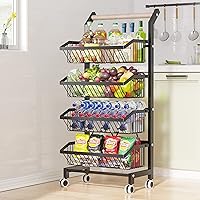 COVAODQ Snack Cart with Wheels 4-Tier Adjustable Fruit Rack Fruit Vegetable Basket Cart Metal Wire Storage Cart Rolling Pantry Utility Kitchen Cart